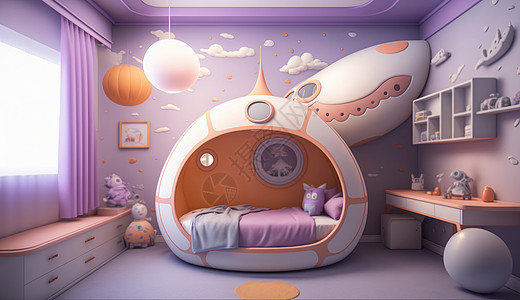 淡紫色太空飞船主题儿童卧室图片