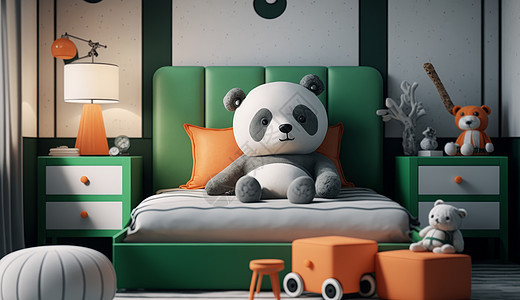 绿色熊猫主题卡通儿童卧室图片