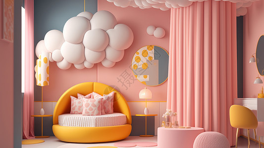 粉色云朵主题儿童卧室图片