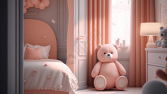 粉色毛绒熊主题卧室图片