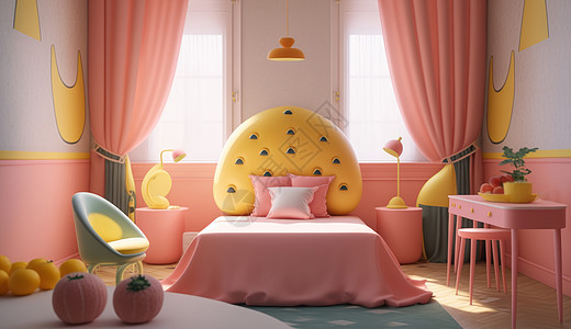 粉色卡通水果主题儿童卧室图片