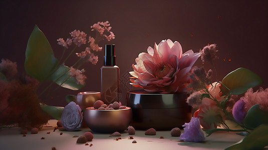 花朵中的化妆品背景图片