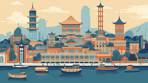 国潮复古中国古建筑旅游城市场景图片