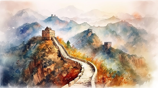 水墨水彩晕染中国北京长城山脉场景背景图片