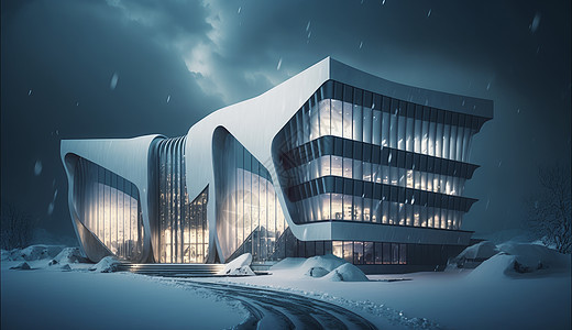 暴雪天气一座有科技感的现代建筑图片