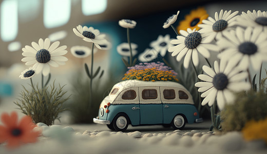 花丛中的小汽车图片