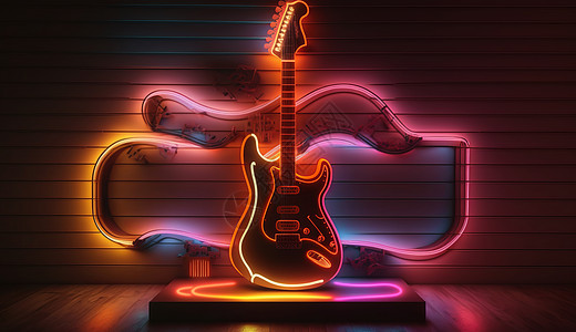 立在墙边发光的炫酷吉他背景图片