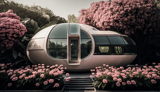 在粉色花丛中的一座粉色科幻建筑图片