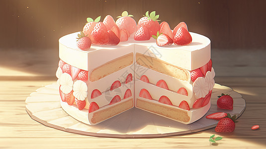 美味的切开的草莓蛋糕图片
