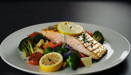白盘子里的鲑鱼块和水果蔬菜图片