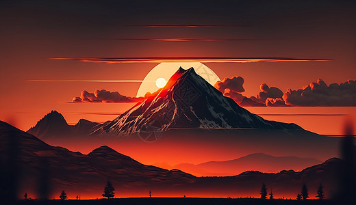 山背后红色的夕阳图片