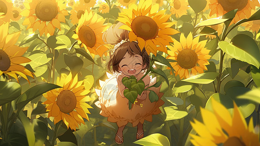 小女孩在向日葵花丛中开心的笑图片