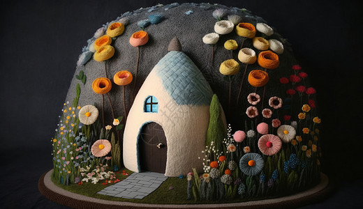 羊毛毡质感花朵创意小屋图片