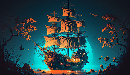 大海上漂泊的海盗帆船图片