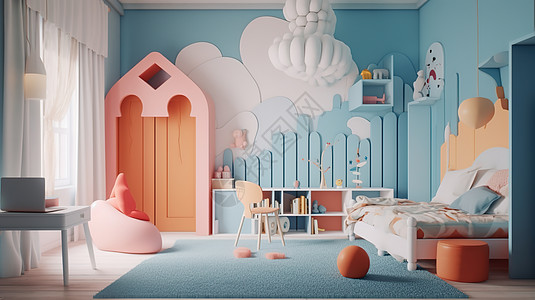 儿童房室内装修清新蓝色粉色儿童房背景