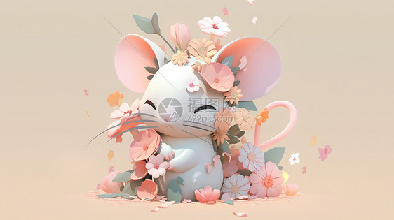 站在花丛中可爱的卡通小白鼠图片