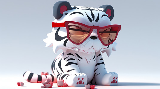 戴着红色边框眼镜的白色可爱小老虎插画