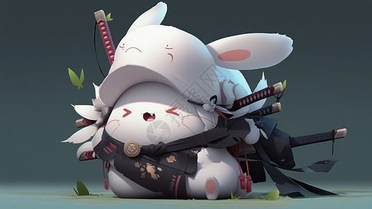 背着武器会功夫可爱的卡通小白兔背景图片