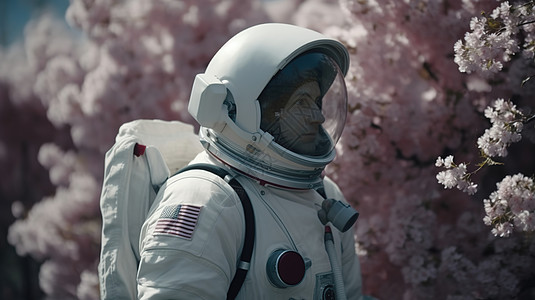 阳光中宇航员看着樱花树图片