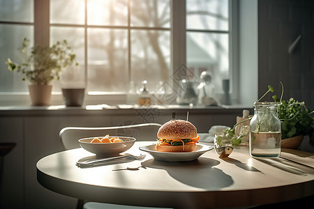 阳光窗台上的汉堡包图片