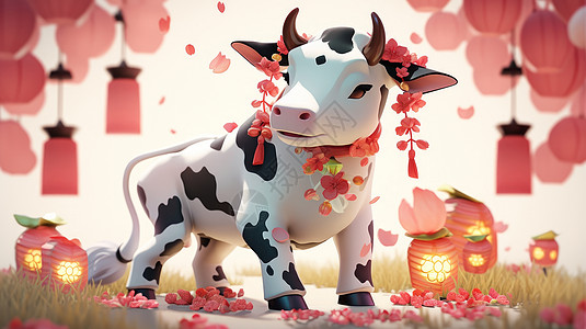 站在花丛中头戴花朵可爱的卡通奶牛图片