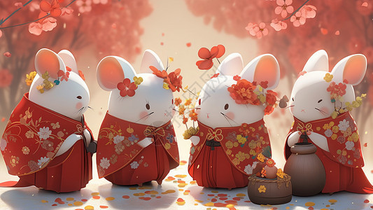 四只正在赏花的可爱的卡通小白鼠图片