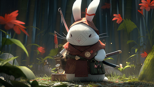 背着武器站在森林里的卡通小白兔背景图片