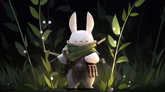 站在植物中间背着武器的卡通小白兔图片