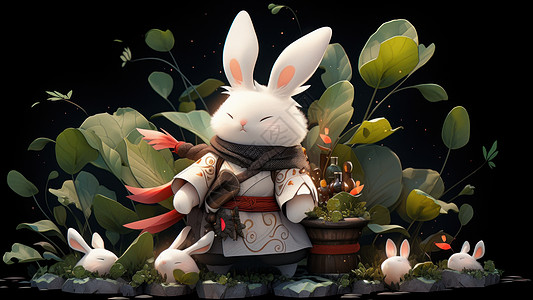 背着武器站在植物中间的卡通小白兔图片
