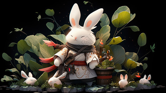 背着武器站在植物中间的卡通小白兔背景图片