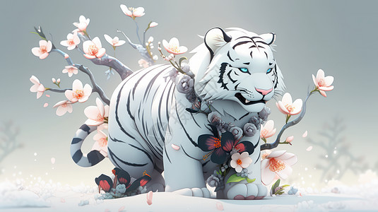 花朵与大卡通白老虎图片
