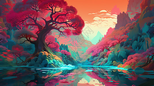 彩色绘画树木风景图片