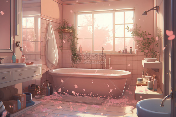 粉色少女浴室浴缸动漫风格图片