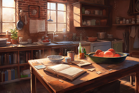温暖阳光普照的厨房油画图片