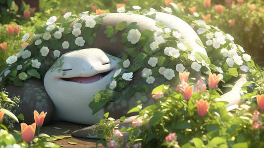 缠满花朵在睡觉的大胖蛇图片