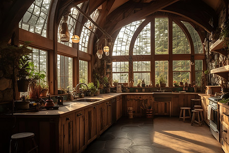 别墅原木风格的厨房图片