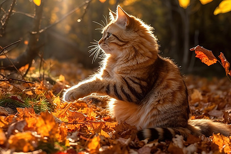 秋天落叶草地上的猫图片
