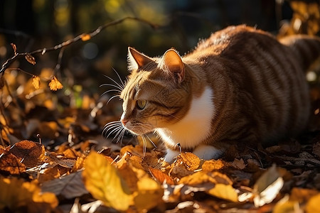 秋天落叶草地上的猫图片