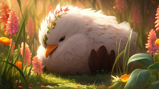 趴在花丛中一只可爱的白色小鸡图片