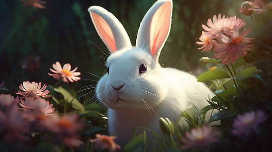 小兔子花丛图片