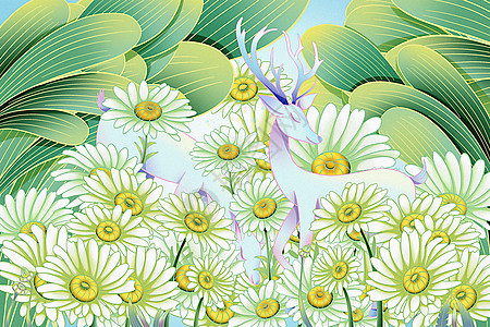 黄绿色雏菊花丛中的神鹿图片