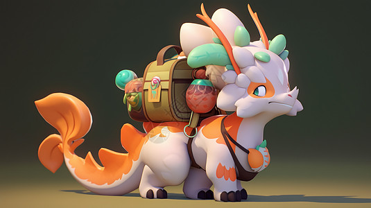可爱的卡通3D小龙背着行李去旅行背景图片