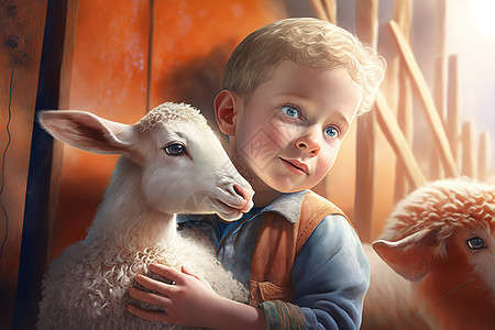抱着小羊的小男孩迪斯尼斯风格图片