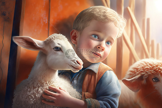 抱着小羊的小男孩迪斯尼斯风格图片
