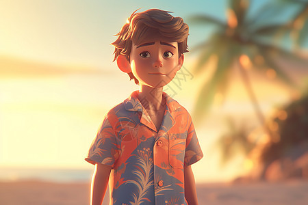 沙滩上穿着夏威夷衬衫的可爱夏日男孩图片