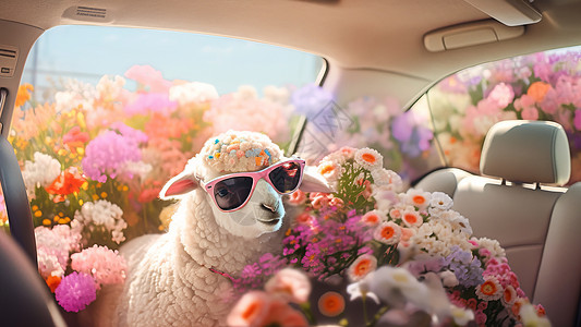 汽车内满满的花朵一只可爱的小羊图片