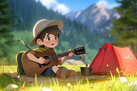 夏日露营小男孩开心弹吉它图片