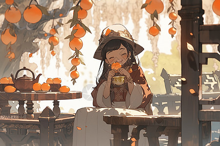 一个女孩坐在亭里吃水果秋天元素插画图片