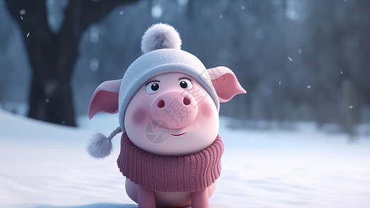 在雪地中戴着帽子和围巾的立体卡通小猪肖像高清图片