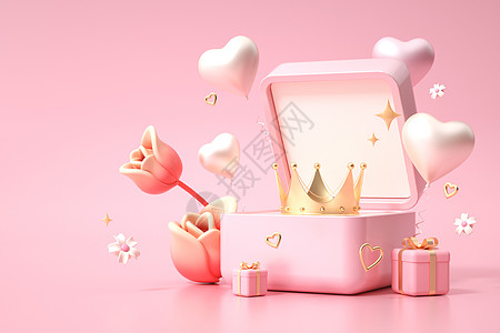 三八海报粉色王冠礼盒场景设计图片